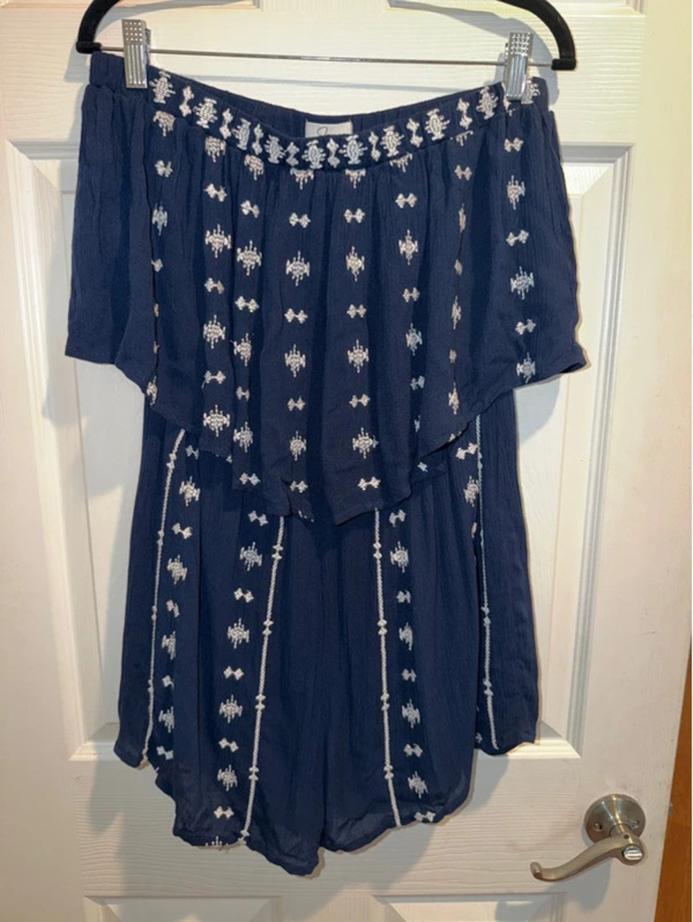 Jopsa Navy Blue Embroidered Off Shoulder Romper Size Large